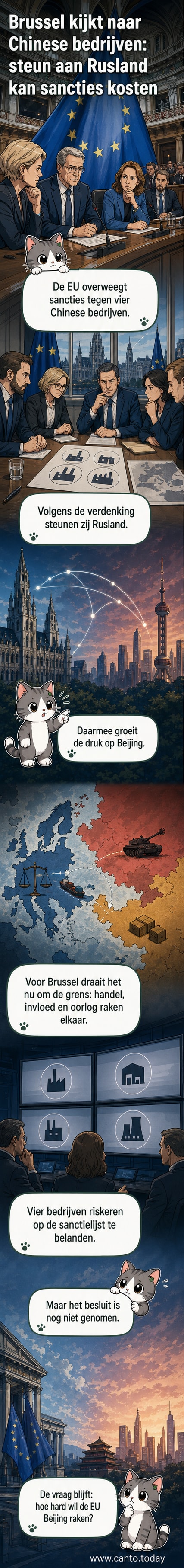 Illustratie van een Europese en Chinese vlag die tegenover elkaar staan, met een weegschaal ertussen met op de ene schaal 'handel' en op de andere 'sancties'.