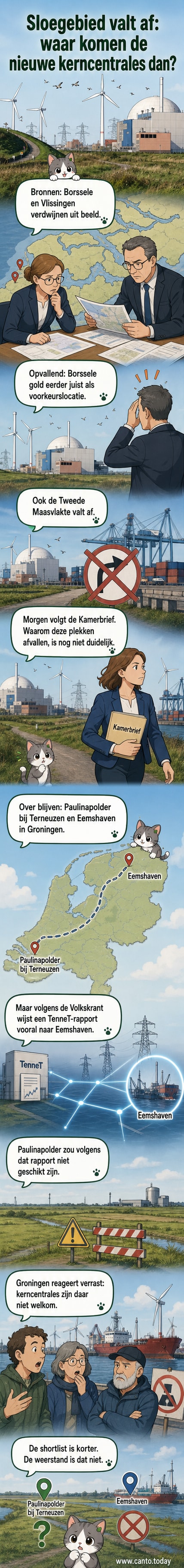 Illustratie van een landschap met zee, windmolens en een mogelijke locatie voor een kerncentrale, met daarboven een vraagteken.