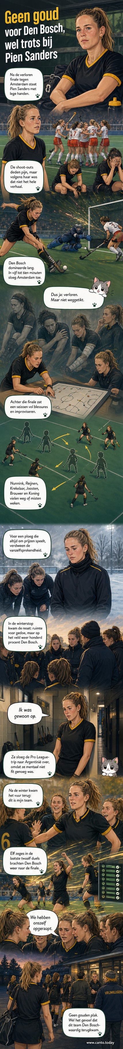 Pien Sanders, aanvoerster van Den Bosch, staat na de verloren finale op het veld, kijkt nadenkend voor zich uit, omgeven door teamgenoten.