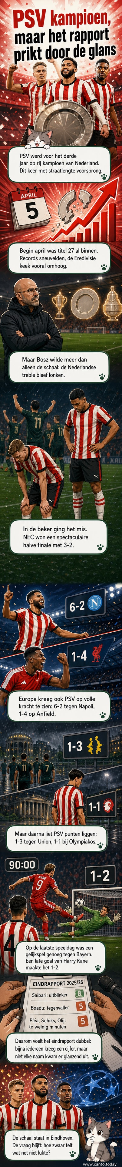 PSV-spelers vieren het kampioenschap, met een foto van Ismael Saibari en Myron Boadu op de achtergrond en een scorebord met uitslagen uit de Champions League.