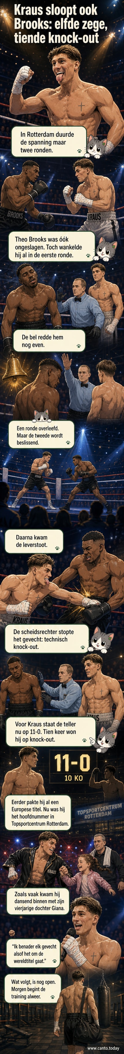 Bokser Gradus Kraus viert zijn overwinning in de ring, met publiek op de achtergrond en zijn dochter Giana in beeld.