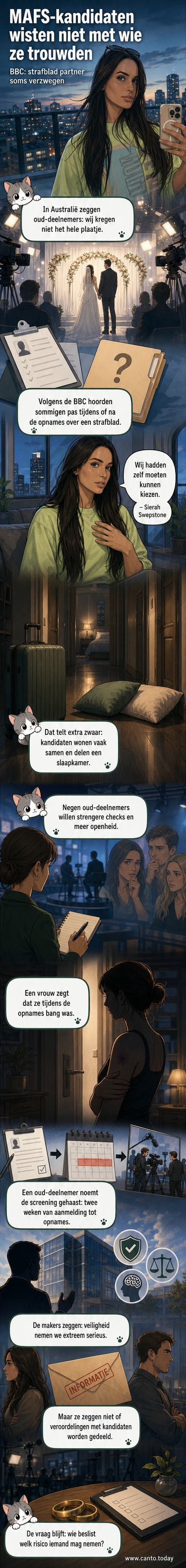 Illustratie van een huwelijksceremonie uit een realityprogramma met een vraagteken boven het hoofd van een bruid, terwijl op de achtergrond een schaduwfiguur met een strafblad dossier staat.