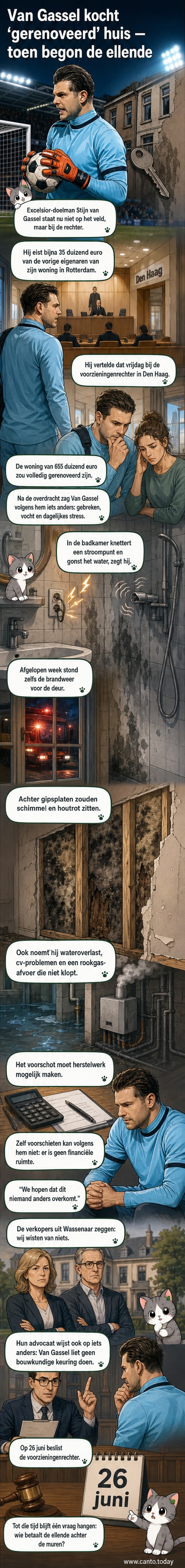 Voetbalkeeper Stijn van Gassel voor een woning met zichtbare bouwgebreken, omringd door bouwmaterialen en gereedschap.