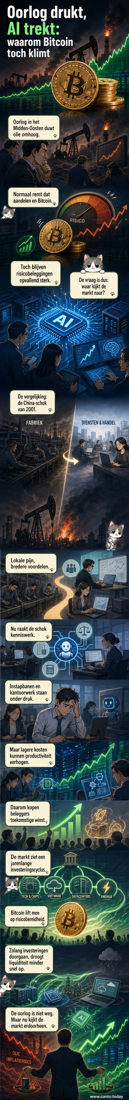 Een belegger kijkt naar een scherm met stijgende grafieken van aandelen en Bitcoin, terwijl op de achtergrond geopolitieke spanningen en AI-technologie symbolisch worden afgebeeld.