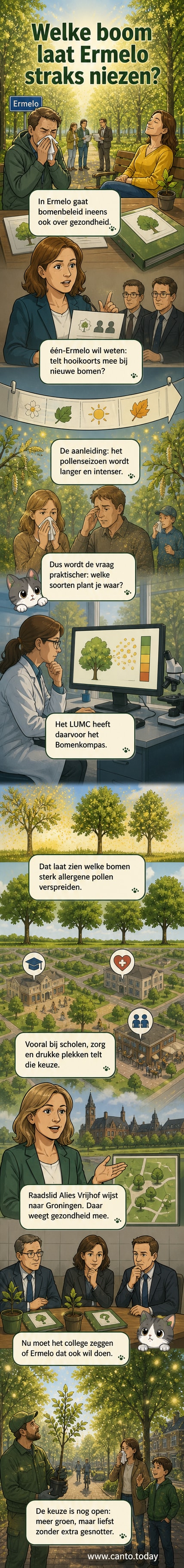 Een illustratie van een boom met veel pollen, een persoon met een zakdoek voor de mond, en een tablet waarop het Bomenkompas wordt getoond.