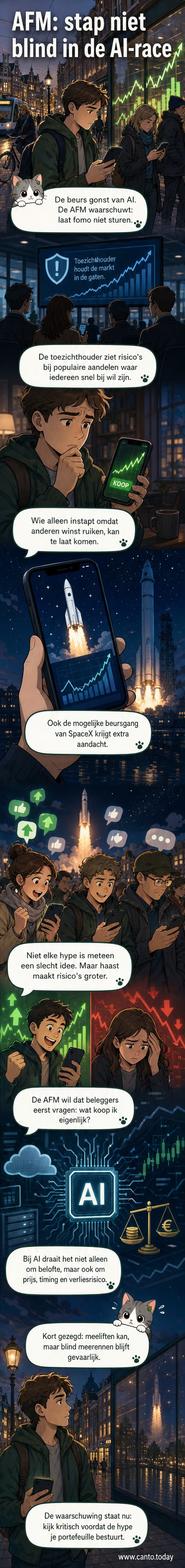 Illustratie van een belegger die aarzelt tussen een AI-chip en een SpaceX-raket, met een waarschuwende AFM-toezichthouder op de achtergrond.