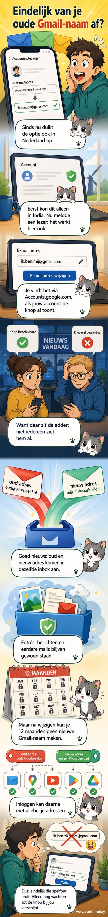 Schermopname van de Google-accountpagina waarop de optie voor het wijzigen van het Gmail-adres zichtbaar is, met het nieuwe en oude adres naast elkaar.
