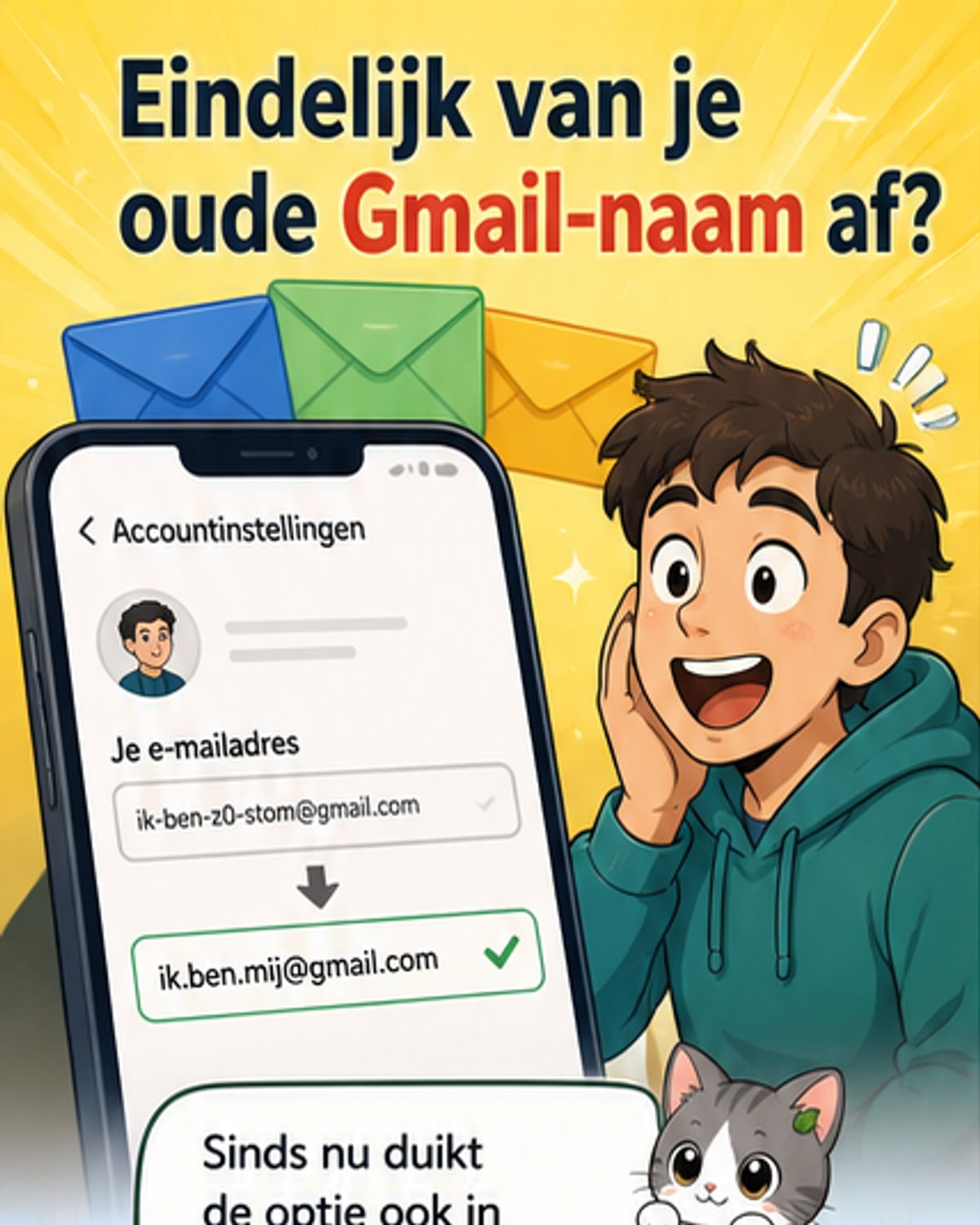 Schermopname van de Google-accountpagina waarop de optie voor het wijzigen van het Gmail-adres zichtbaar is, met het nieuwe en oude adres naast elkaar.