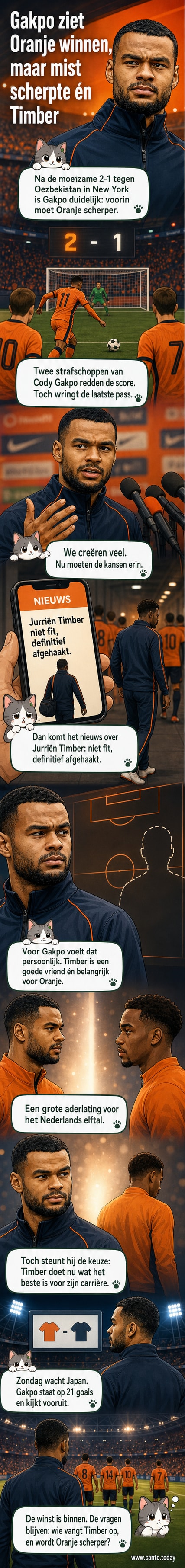 Cody Gakpo in Oranje tenue, met een serieuze blik, tijdens een interview na de oefenwedstrijd tegen Oezbekistan.