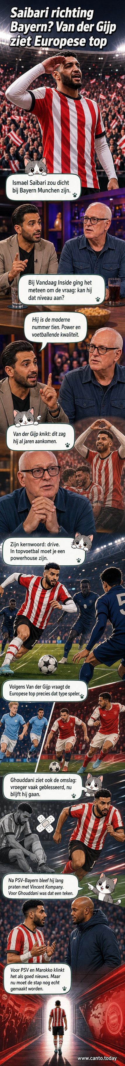 Illustratie van Ismael Saibari in PSV-tenue, bal onder controle, met silhouet van Bayern München-stadion op de achtergrond.