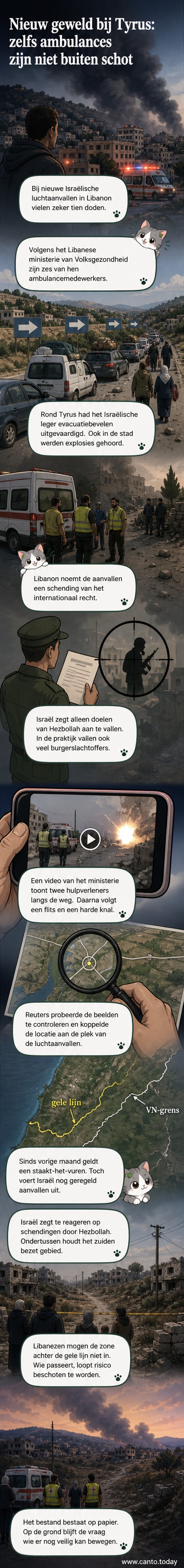 Twee ambulancemedewerkers in gele hesjes worden getroffen bij een ambulance tijdens een luchtaanval in Zuid-Libanon.