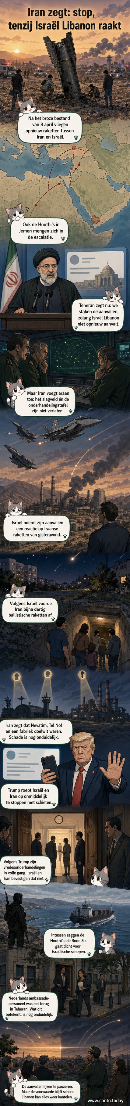 Illustratie van een explosie bij een petrochemische fabriek, met sirenes in Israël en een gesloten luchthaven in Teheran, terwijl Trump een oproep doet tot staakt-het-vuren.