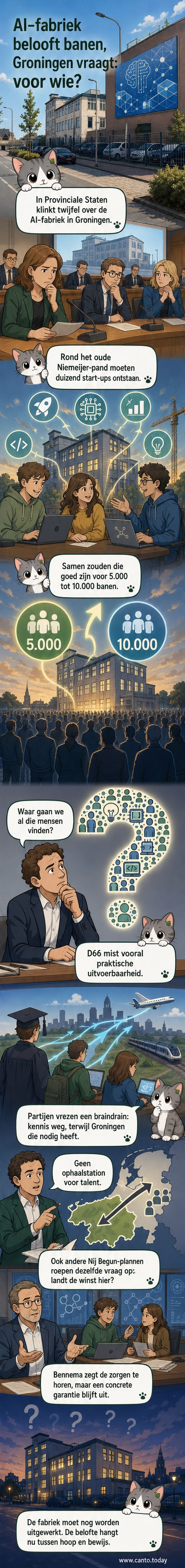 Illustratie van een modern AI-laboratorium in het oude Niemeijer-gebouw in Groningen, met start-ups en medewerkers, omgeven door vragen over braindrain en banen.