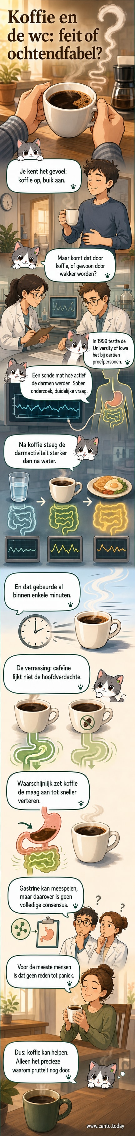 Een schematische illustratie van de spijsvertering met een pijl die van een kop koffie naar de darmen wijst, met daarbij een klok die de snelle werking aangeeft.