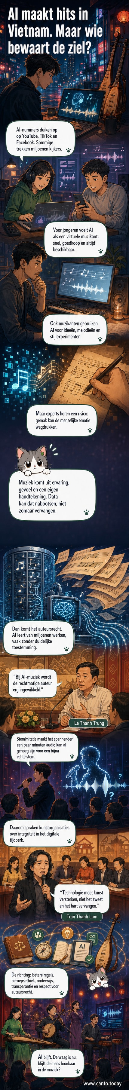 Een Vietnamese componist zit naast een zwevende AI-interface die notenbalken en lichtgevende muzieknoten toont, terwijl een oude luit op de achtergrond zacht gloeit.