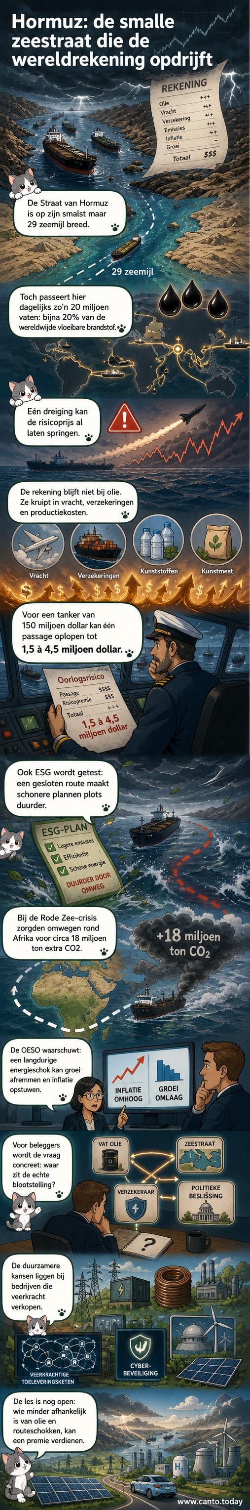 Kaart van de Straat van Hormuz met een tanker in een smalle waterweg, met grafieken die olieprijzen en CO2-emissies tonen.