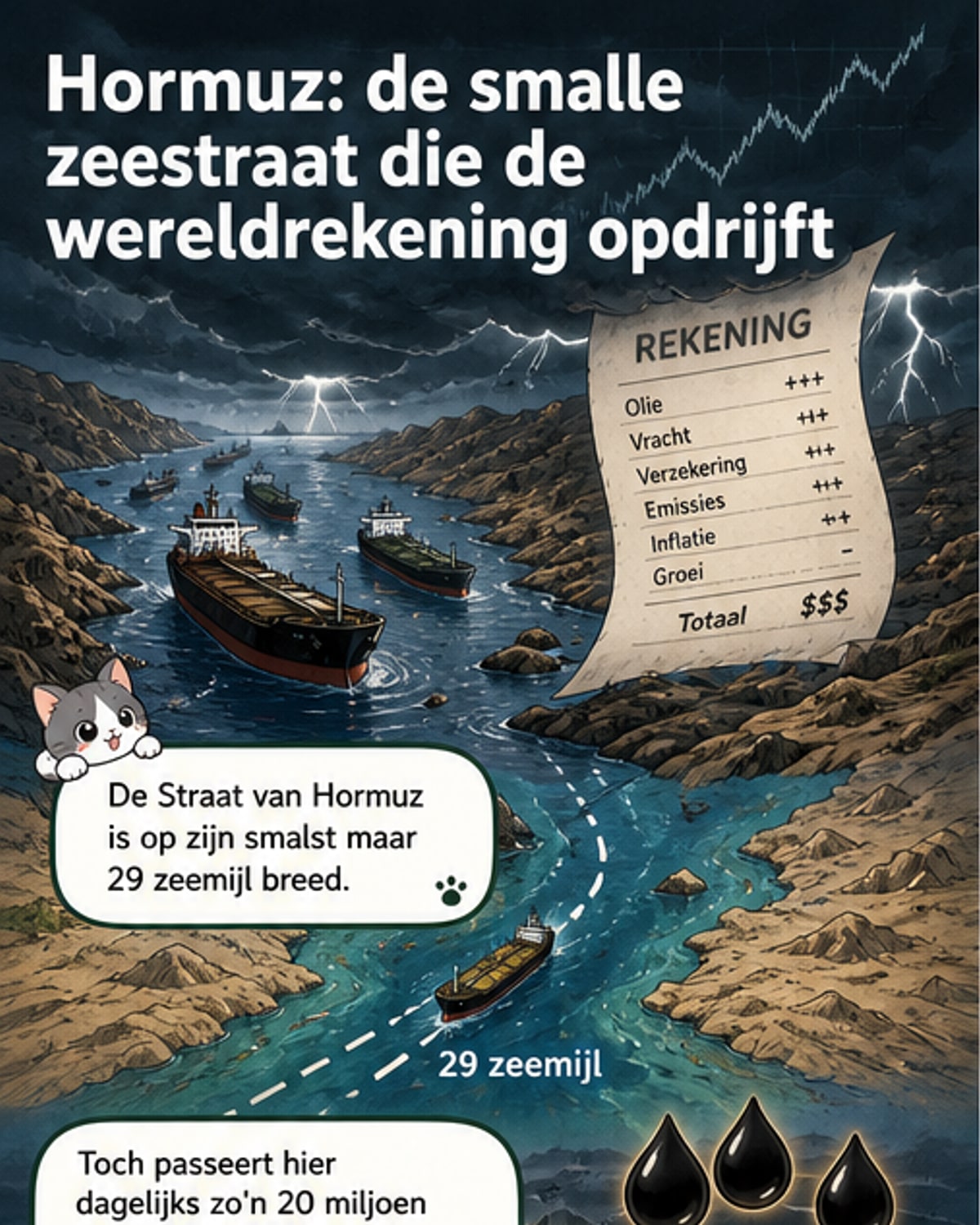 Kaart van de Straat van Hormuz met een tanker in een smalle waterweg, met grafieken die olieprijzen en CO2-emissies tonen.
