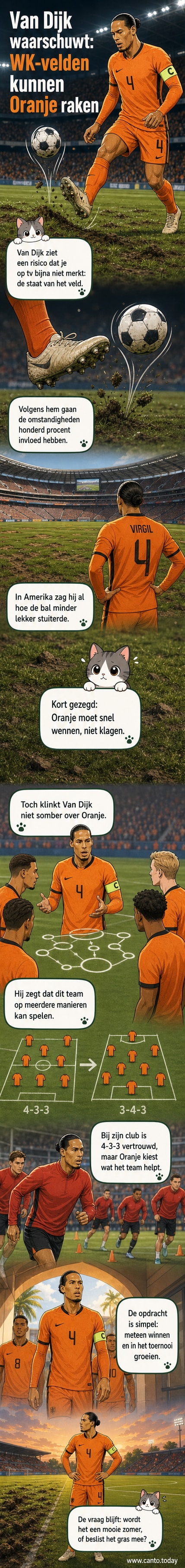 Virgil van Dijk in Nederlands elftalshirt, wijzend naar een slecht onderhouden voetbalveld met droge, ongelijke banen.