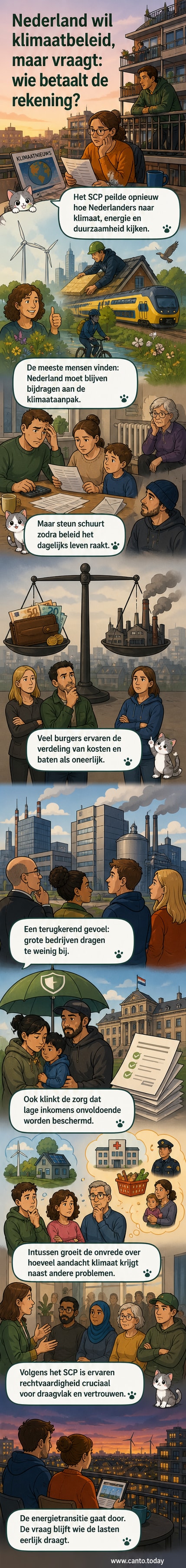 Illustratie van een Nederlandse woonwijk met zonnepanelen op daken, waarin mensen discussiëren over energierekening en klimaatmaatregelen.