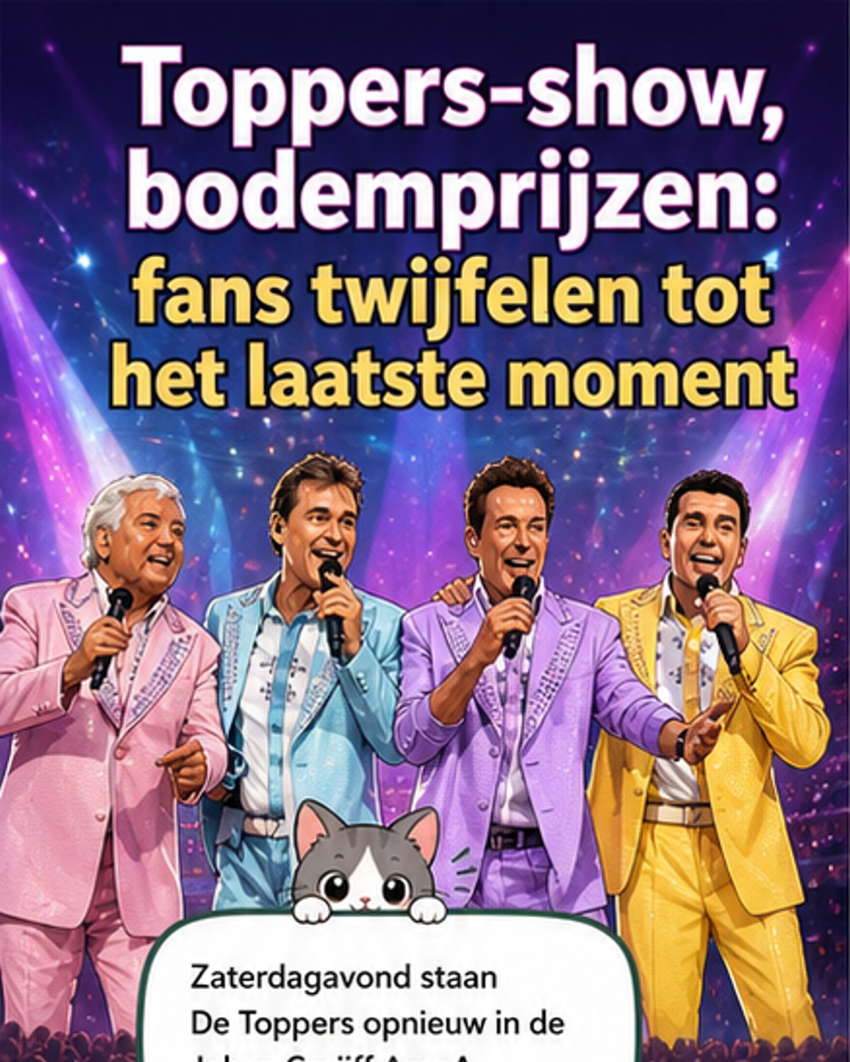 De vier Toppers-leden op het podium met zomerse sfeer, achtergrond met live WK-uitleg op schermen.