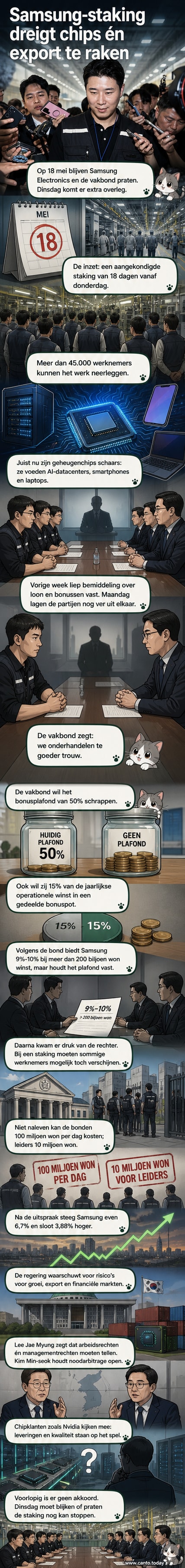 Illustratie van een fabriek met chipproductie, waar werknemers en leidinggevenden tegenover elkaar staan tijdens onderhandelingen, met een rechterlijke brief op tafel.