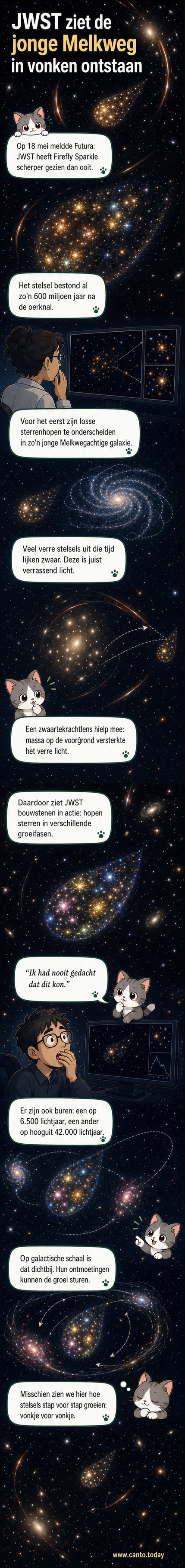 Illustratie van de James Webb-telescoop die een traanvormig sterrenstelsel observeert met kleine lichtpuntjes die sterrenhopen voorstellen, omgeven door donkere ruimte en lensvormige lichtvervorming.