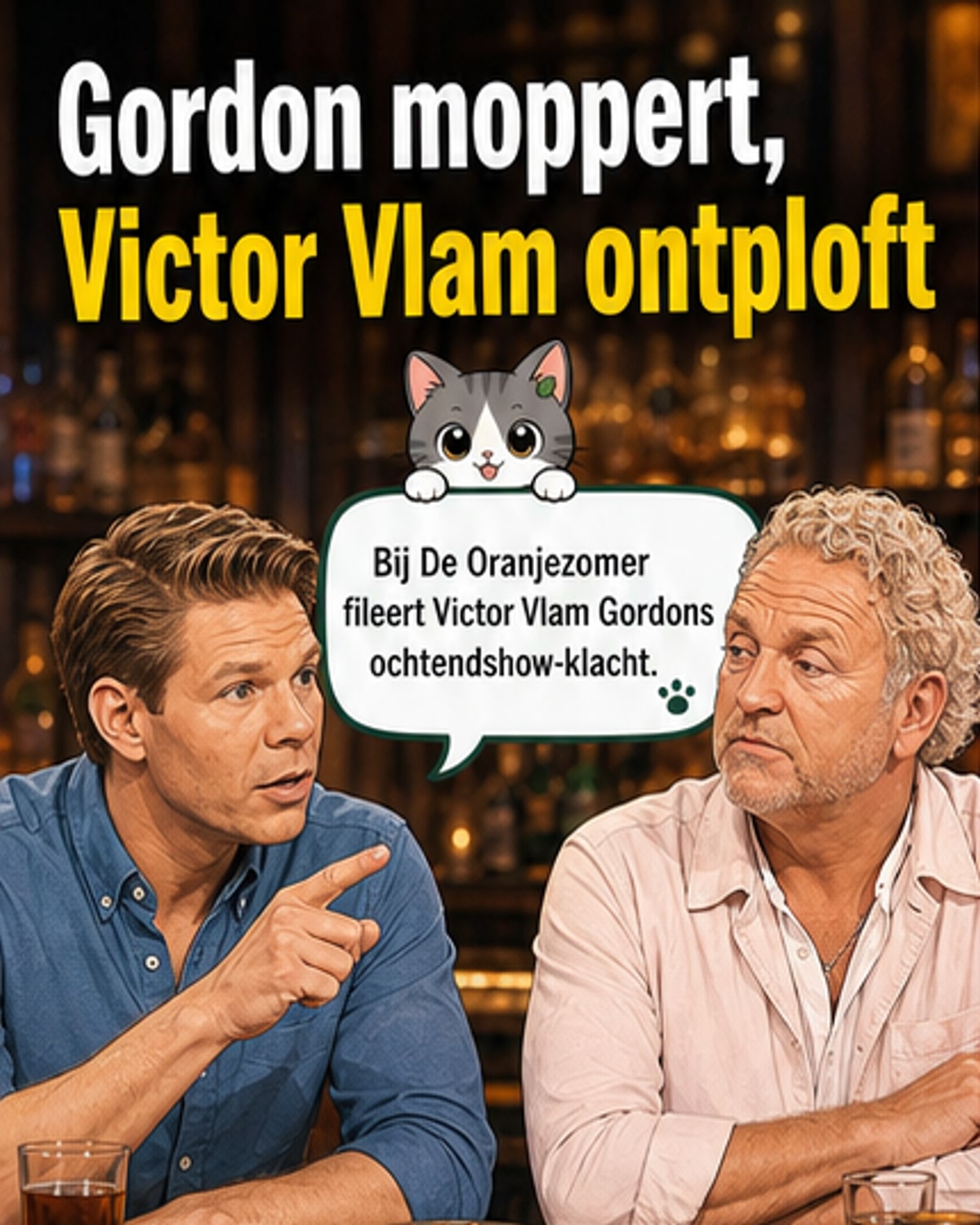 Illustratie van Victor Vlam die verbaasd kijkt terwijl Gordon met een vermoeid gezicht uit een radiostudio komt.