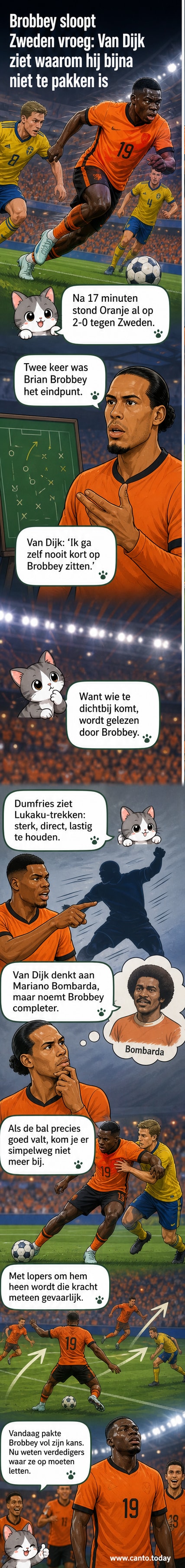 Twee Nederlandse voetballers kijken naar een spits die net heeft gescoord, met een verdediger die achterblijft. Boven de tekening staat: 'Hij heeft de verdediger waar hij hem wil hebben.'