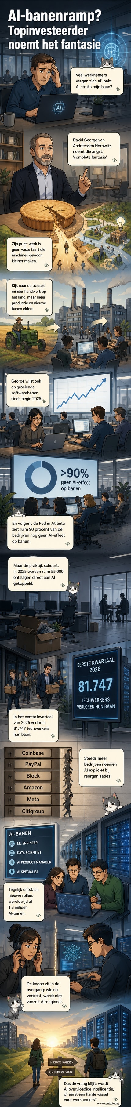Illustratie van een robot die een kantoorwerker een baan aangeeft, met een grafiek van stijgende AI-banen en dalende traditionele functies op de achtergrond.