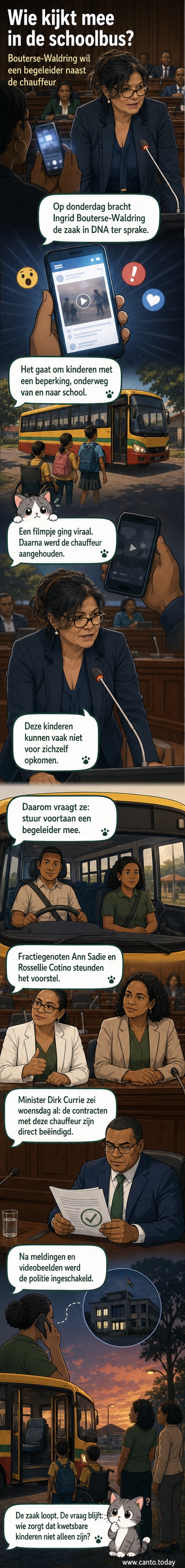 Illustratie van een schoolbus met een parlementariër die een begeleider voorstelt, terwijl kinderen veilig naar school worden gebracht.