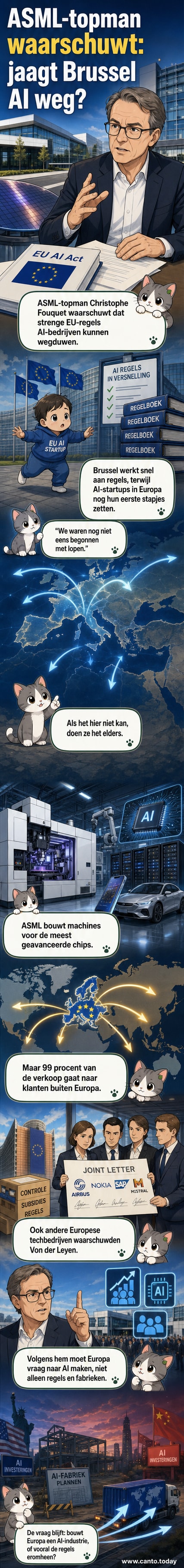 Illustratie van een ASML-chipmachine met Europese vlaggen op de achtergrond, terwijl pijlen met bedrijvenlogo’s naar de Verenigde Staten en Azië wijzen.