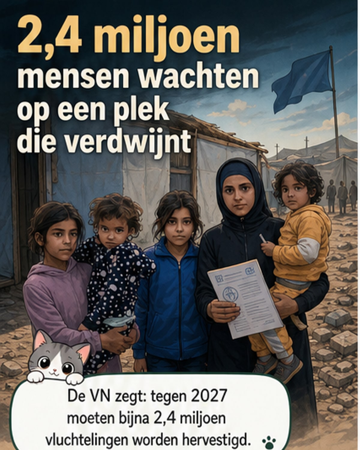Illustratie van een wereldkaart met pijlen die de migratie van vluchtelingen uit Afghanistan, Syrië, Soedan en Bangladesh aangeven, met daarboven een UNHCR-logo.