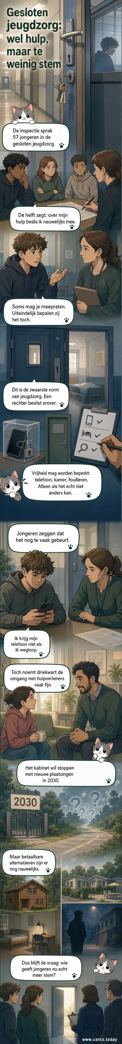 Illustratie van een jongere achter een raam in een jeugdzorginstelling, met een hulpverlener in de verte die papieren vasthoudt.