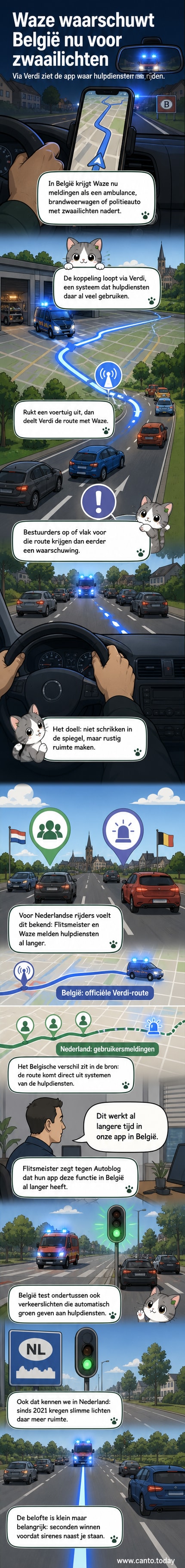 Een smartphone toont de Waze-app met een melding over een naderende ambulance in België, terwijl een blauw zwaailicht reflecteert op de achtergrond.