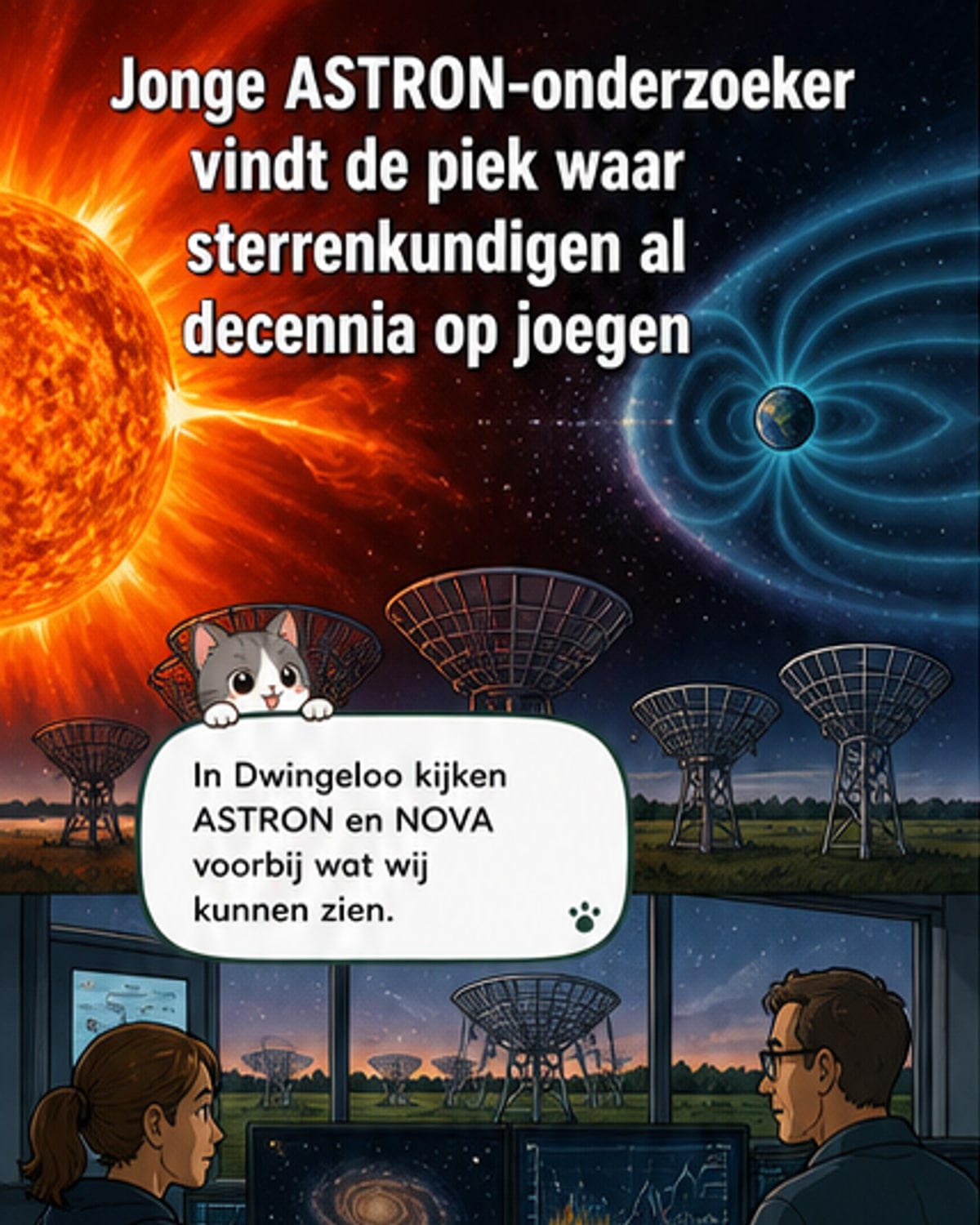 Illustratie van een ster met een enorme uitbarsting, met daarachter een netwerk van radiotelescopen op aarde die het signaal opvangen.