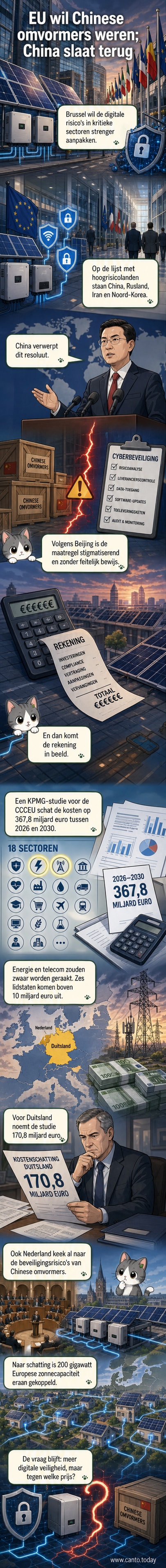 Illustratie van een zonnepaneel met Chinese vlag en een verbodsschild, met daarachter een Europese cybersecurity-regelgeving.