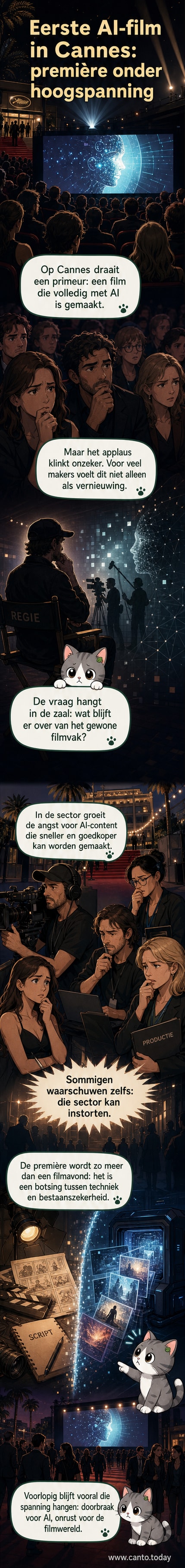 Een donkere bioscoopzaal tijdens een filmvoorstelling, met een AI-generiek gezicht op het scherm en bezorgde gezichten in het publiek.