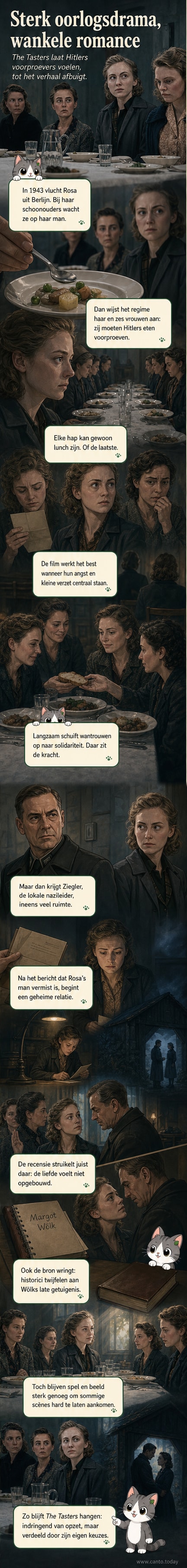 Zeven vrouwen in 1940s kleding staan in een groene buitenpost, omringd door soldaten. Een ervan, Rosa, kijkt intens naar een nazi-officier in de schaduw.