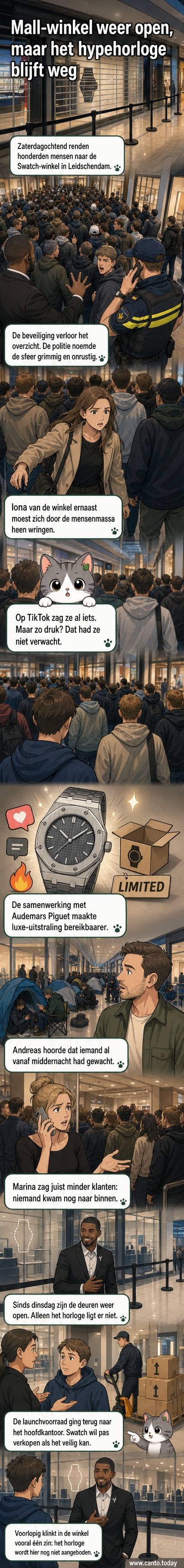 Buiten de Swatch-winkel in de Mall of the Netherlands staan mensen in een lange rij, met beveiligingspersoneel en politie aanwezig.