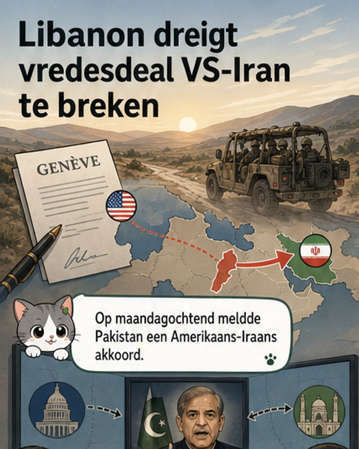 Illustratie van een gespannen vergadering over een vredesakkoord, met Israël en Libanon als centrale punten van discussie.