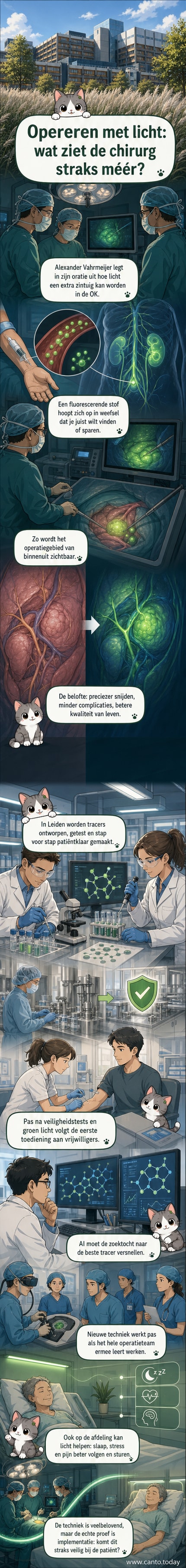 Een chirurg in een operatiekamer kijkt naar een scherm waarop een oplichtende tumor zichtbaar is dankzij fluorescentietechnologie, met een AI-interface die het signaal analyseert.