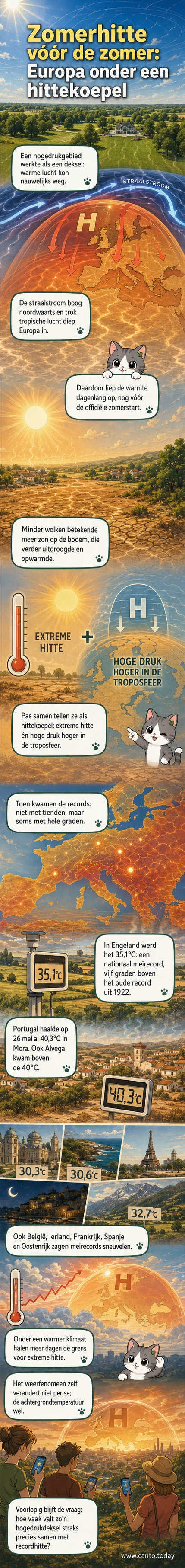 Kaart van Europa met temperatuurannotaties, waarin hitte records in mei 2026 zichtbaar zijn in Portugal, Spanje, Frankrijk, Engeland en Oostenrijk.