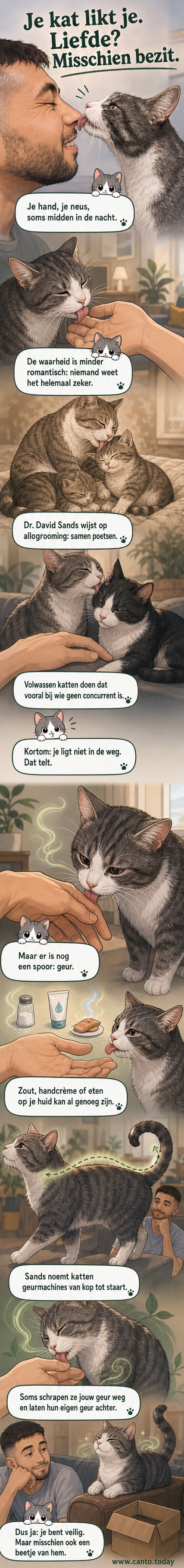 Een kat die met zijn ruwe tong de hand van een persoon likt, terwijl de persoon verbaasd kijkt.