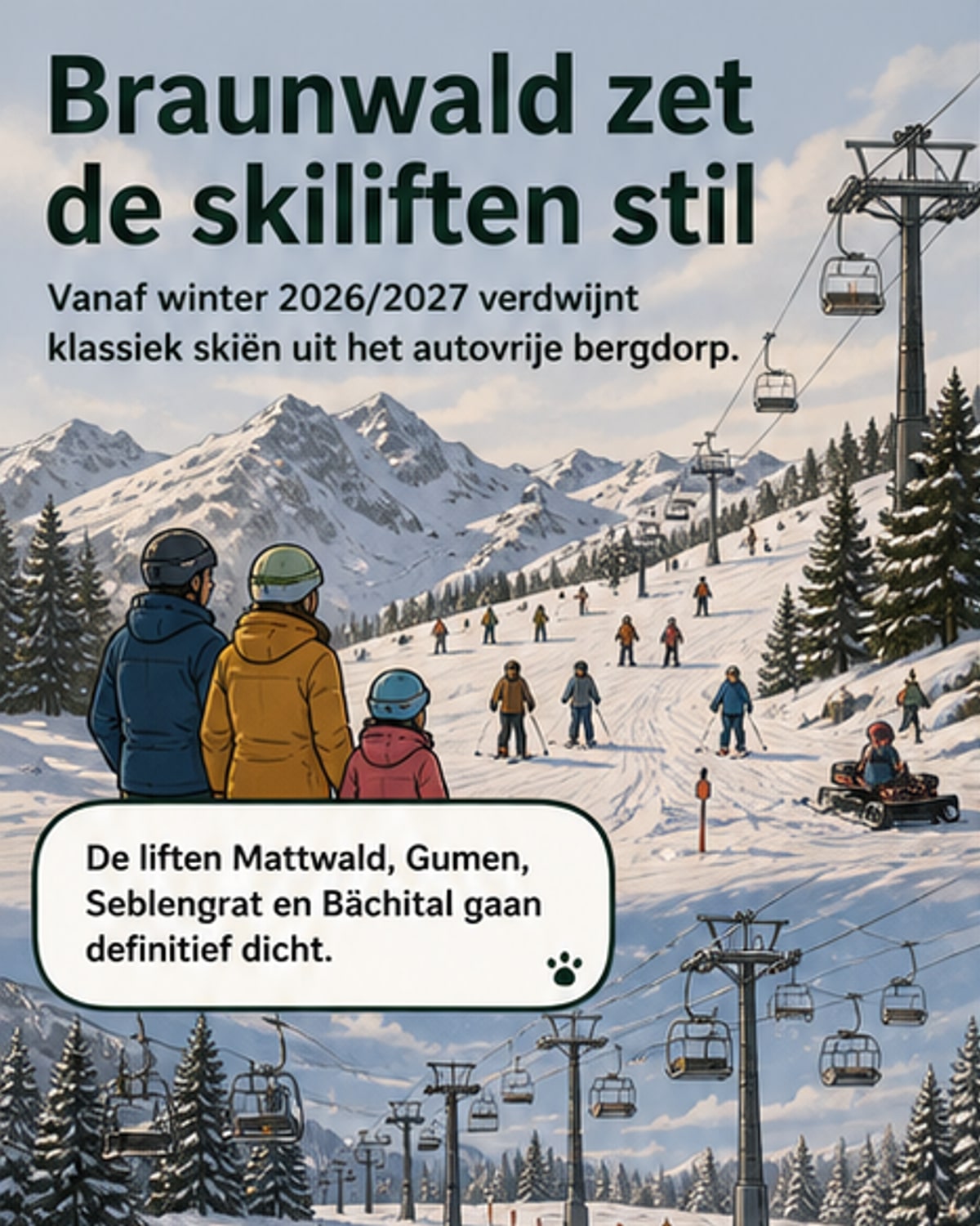 Bergdorp Braunwald in de Zwitserse Alpen met gesloten skiliften en een gondelbaan die nog in bedrijf is, omgeven door besneeuwde hellingen en wandelpaden.