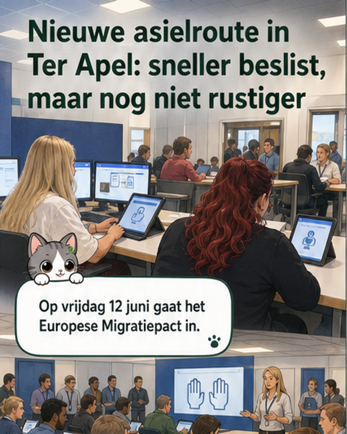 IND-medewerker achter een nieuwe werkplek met tablet, klaar voor het nieuwe asielproces in Ter Apel.
