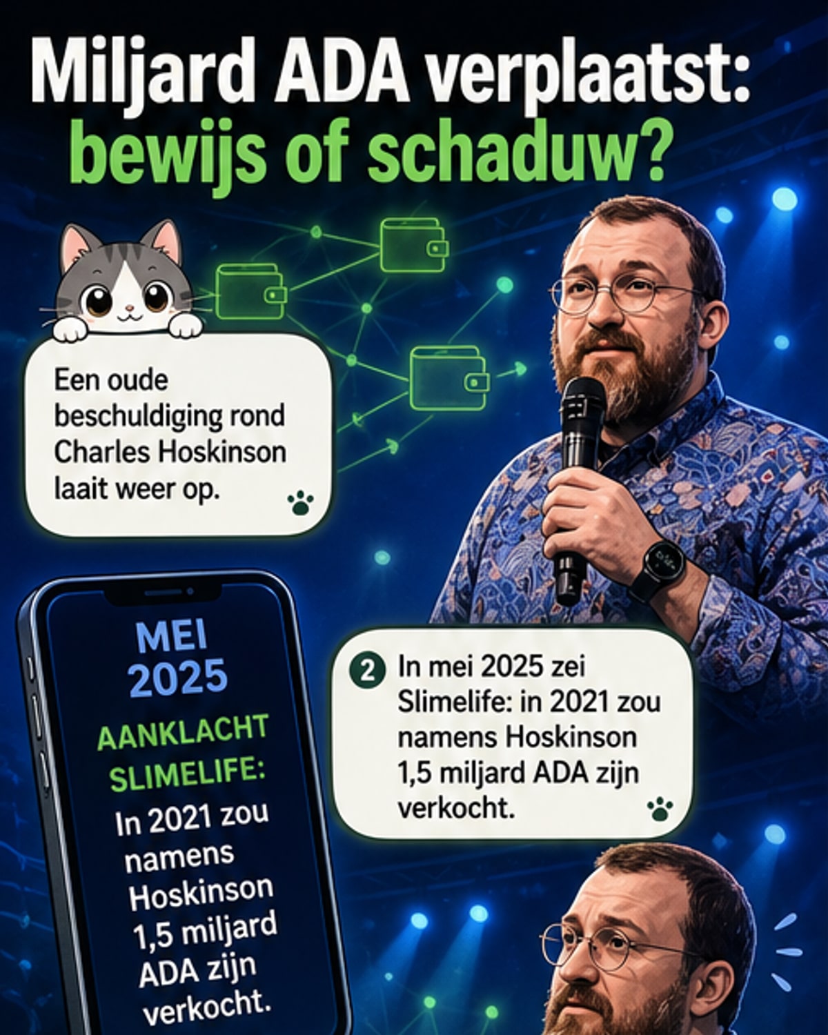Een schematisch overzicht van ADA-munten die vanuit meerdere wallets naar één centraal adres stromen, met de vragen of oprichter Charles Hoskinson ze werkelijk verkocht.