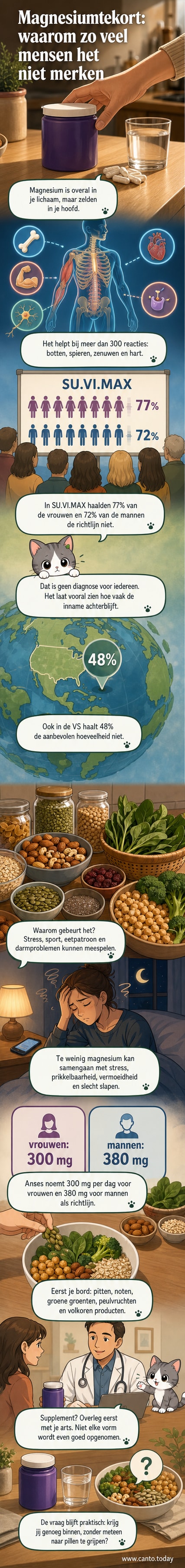 Illustratie van een persoon die moeite heeft met slapen en concentreren, met icoontjes van magnesiumrijke voedingsmiddelen zoals pompoenpitten en noten eromheen.