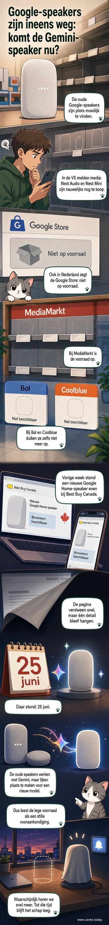 Illustratie van een lege schap in een elektronicawinkel met daarboven een Google Home-speaker met het Gemini-logo.