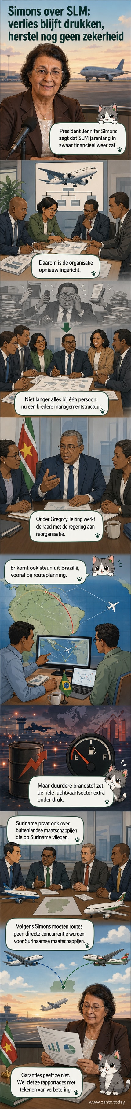Illustratie van een Surinaamse vliegtuig met vlag, omringd door grafieken met dalende verliezen en een team van managers in overleg.
