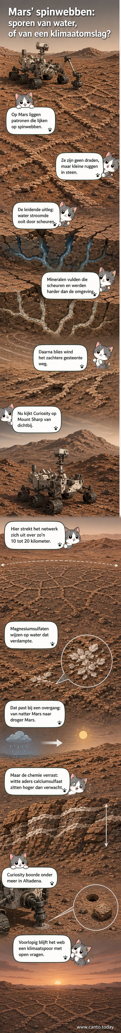 Illustratie van de Mars-rover Curiosity die over een rood, rotsachtig terrein rijdt, met zichtbare netvormige geologische structuren die op een spinweb lijken.